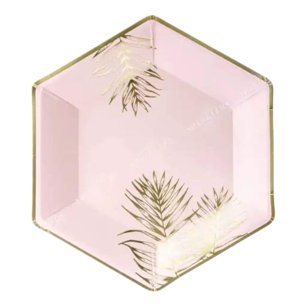 Assiette en papier rose avec motif feuille d&#39;or (Lot de 6) 