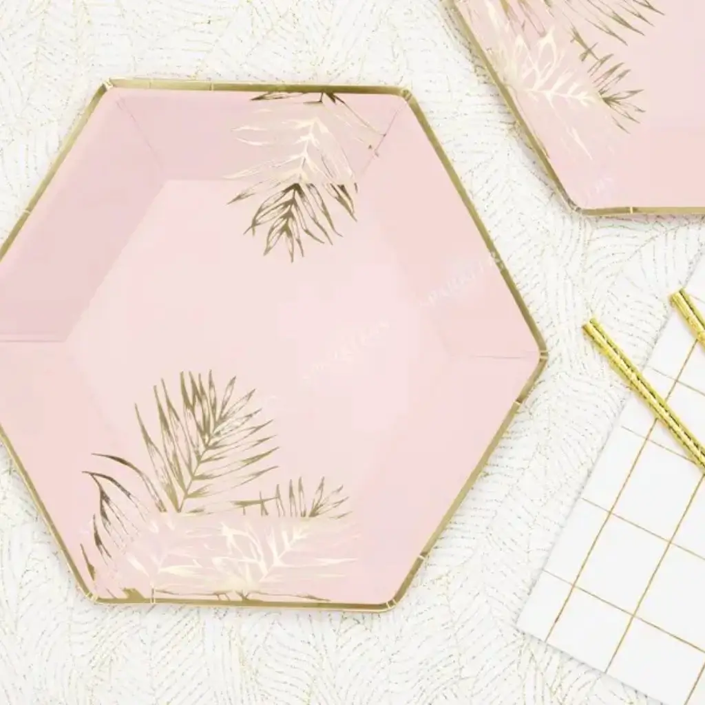 Assiette en papier rose avec motif feuille d&#39;or (Lot de 6) 