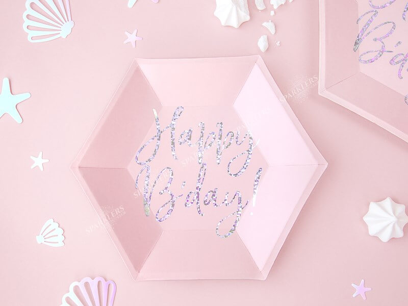 Assiette en papier rose Happy Birthday irisé (Lot de 6) 