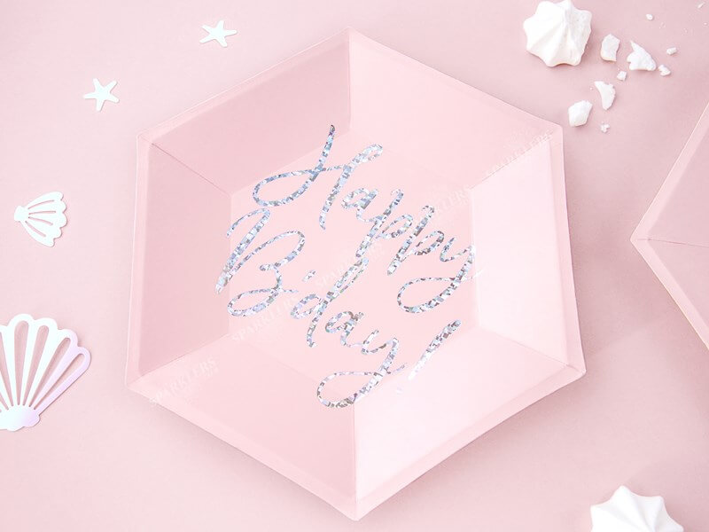 Assiette en papier rose Happy Birthday irisé (Lot de 6) 