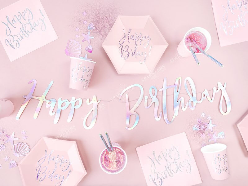 Assiette en papier rose Happy Birthday irisé (Lot de 6) 