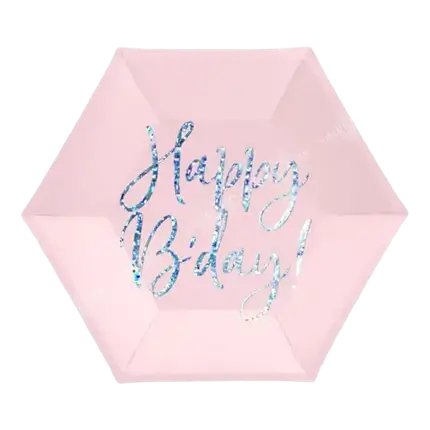 Assiette en papier rose Happy Birthday irisé (Lot de 6)