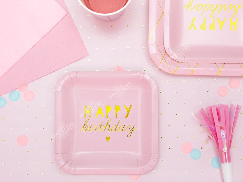 Feliz Cumpleaños Plato cuadrado de papel rosa (Set de 6)