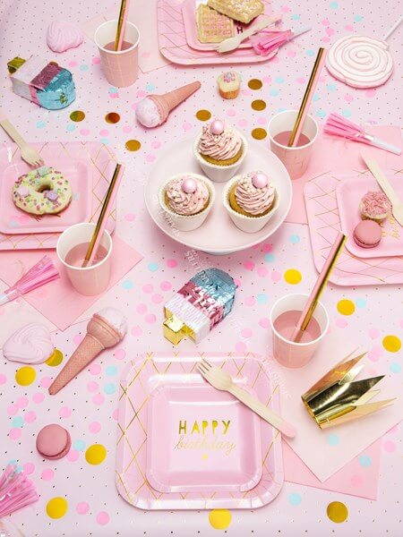 Assiette en papier carré rose Happy Birthday (Lot de 6) 