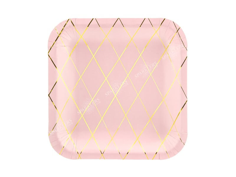 Assiette en papier carré rose motif or 20x20cm (Lot de 6) 