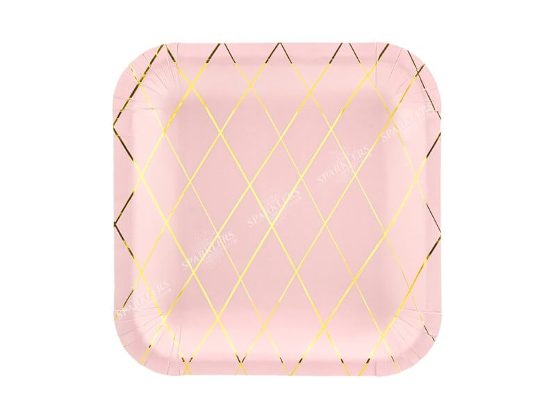 Assiette en papier carré rose motif or 20x20cm (Lot de 6) 