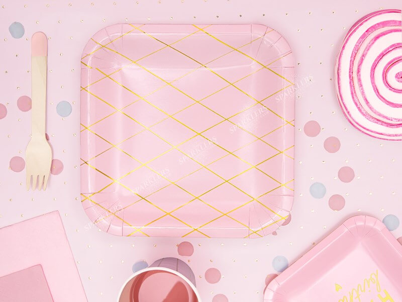 Assiette en papier carré rose motif or 20x20cm (Lot de 6) 