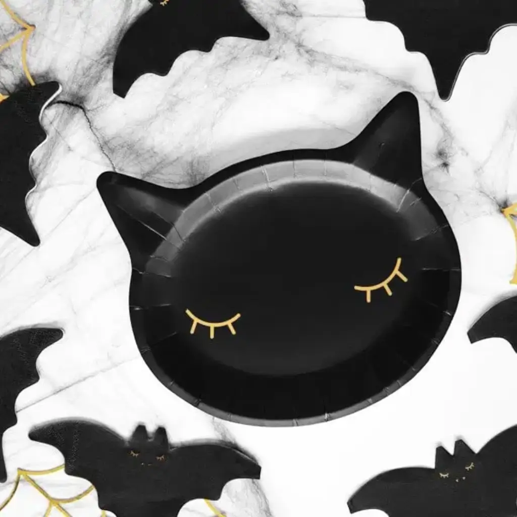 Assiette en papier noire forme Tête de chat (Lot de 6) 