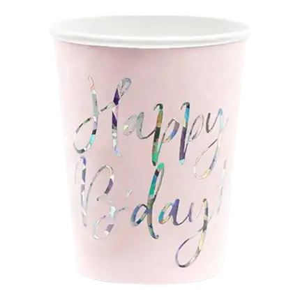 Gobelet en papier rose Happy Bday (Lot de 6)