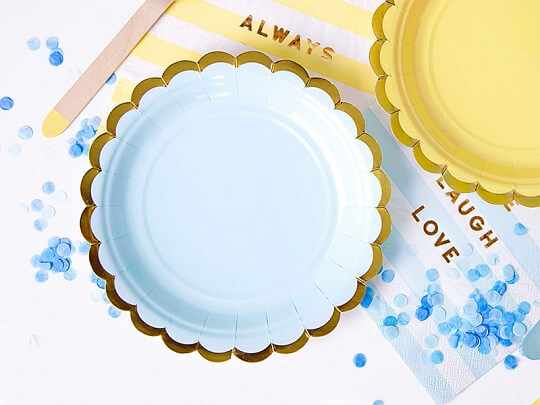 Assiette en papier bleu clair avec bordures or (Lot de 6) 