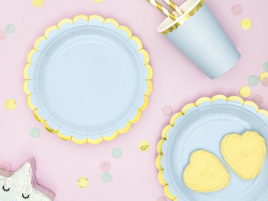 Assiette en papier bleu clair avec bordures or (Lot de 6) 
