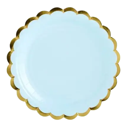 Assiette en papier bleu clair avec bordures or (Lot de 6) 
