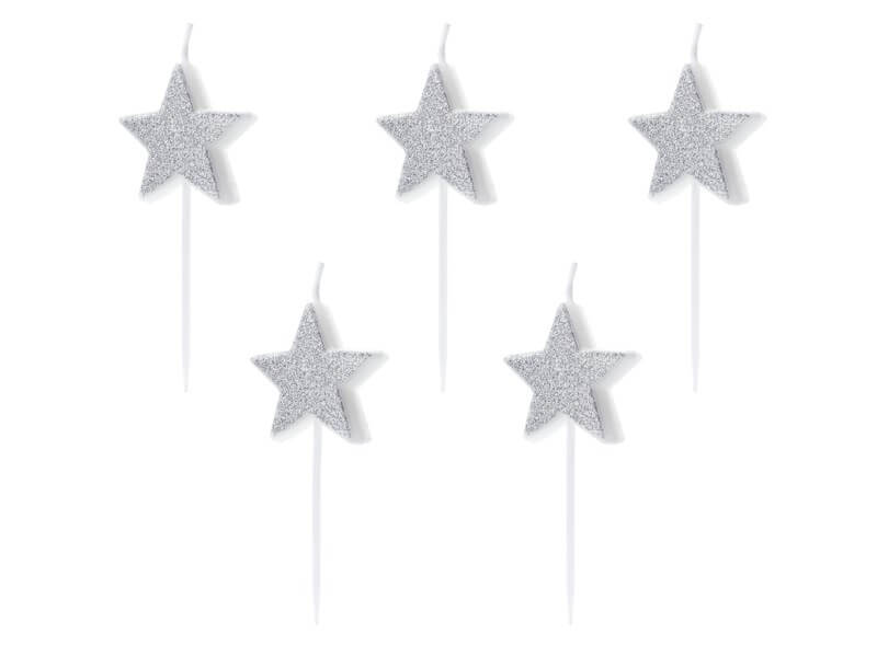 Bougies anniversaire étoile argent (Lot de 5 pièces)