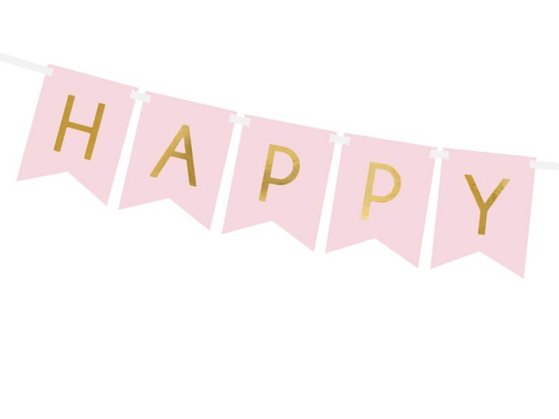 Ghirlanda rosa di buon compleanno con scritta in oro