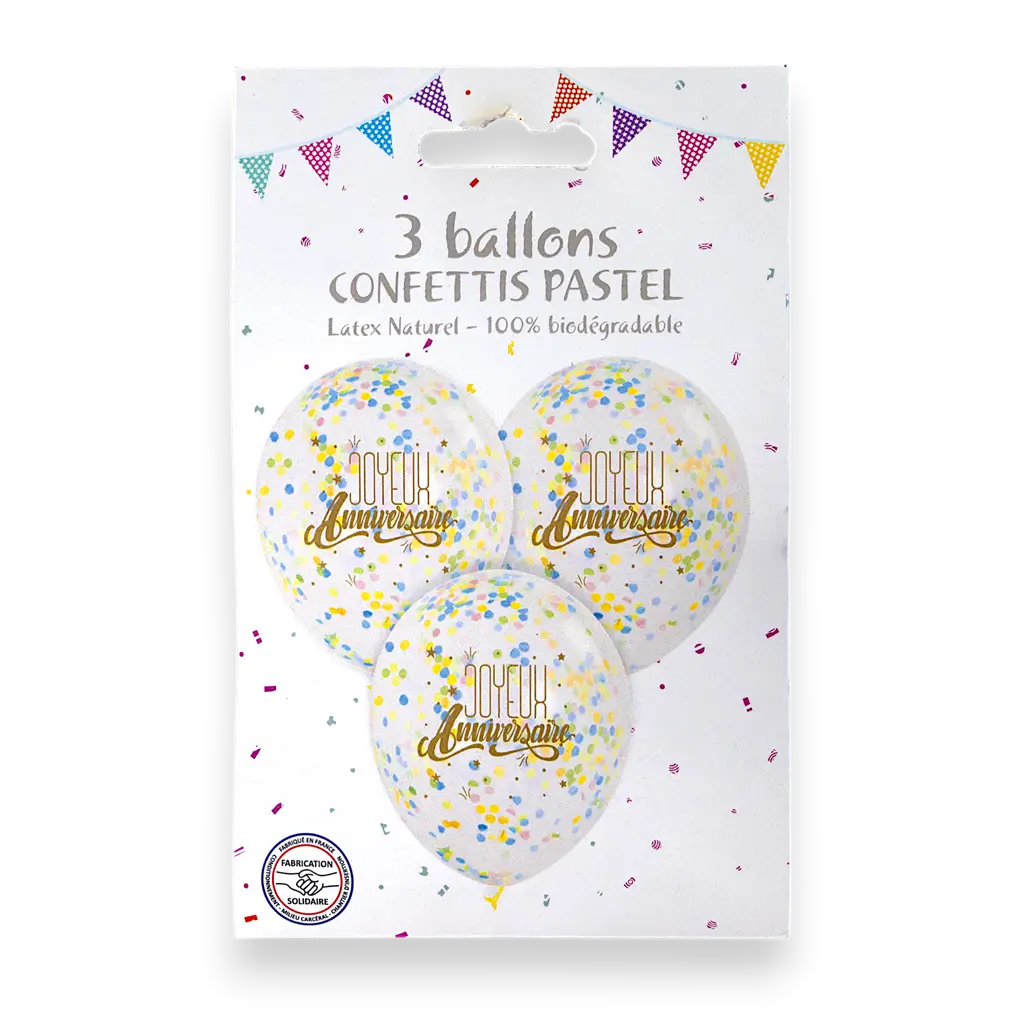 Lot de 3 Ballons Joyeux Anniversaire Confettis Pastel