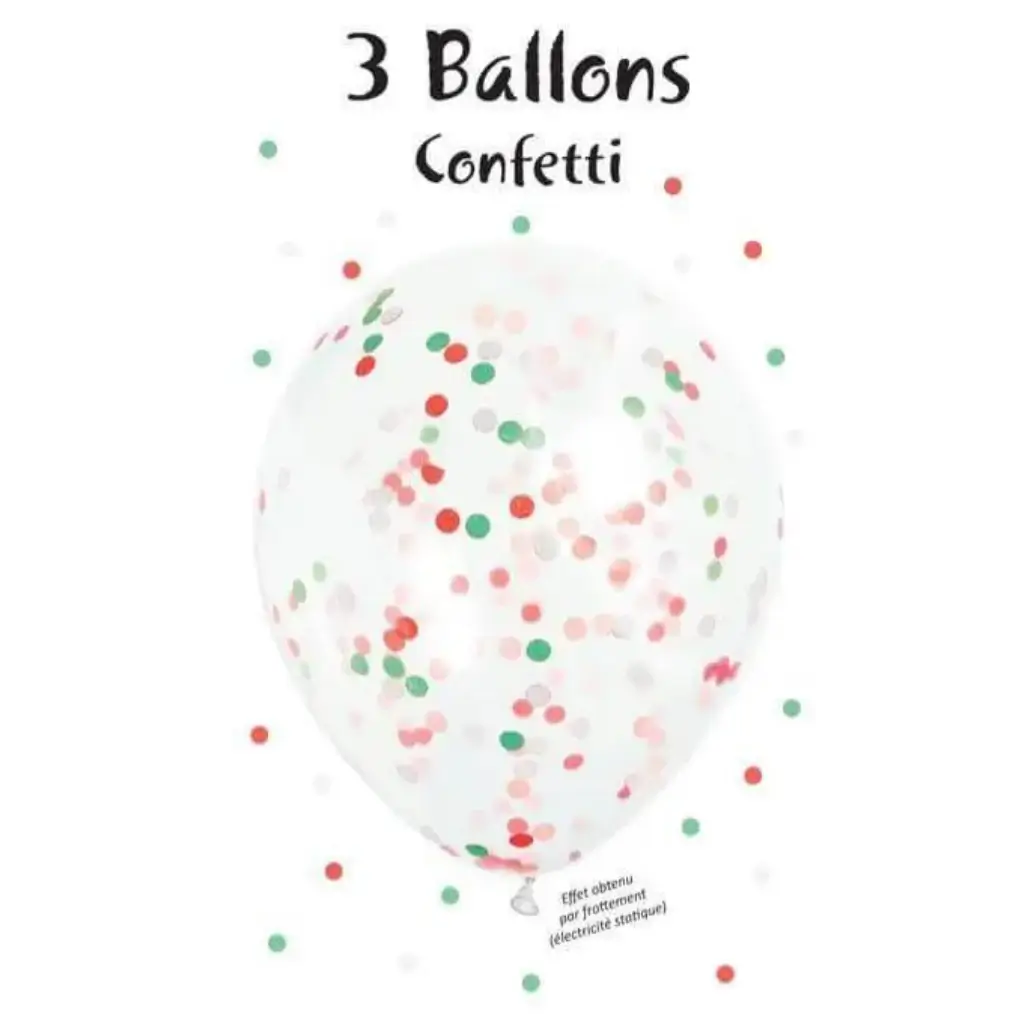 Lot de 3 Ballons Confettis blanc, rouge &amp; vert