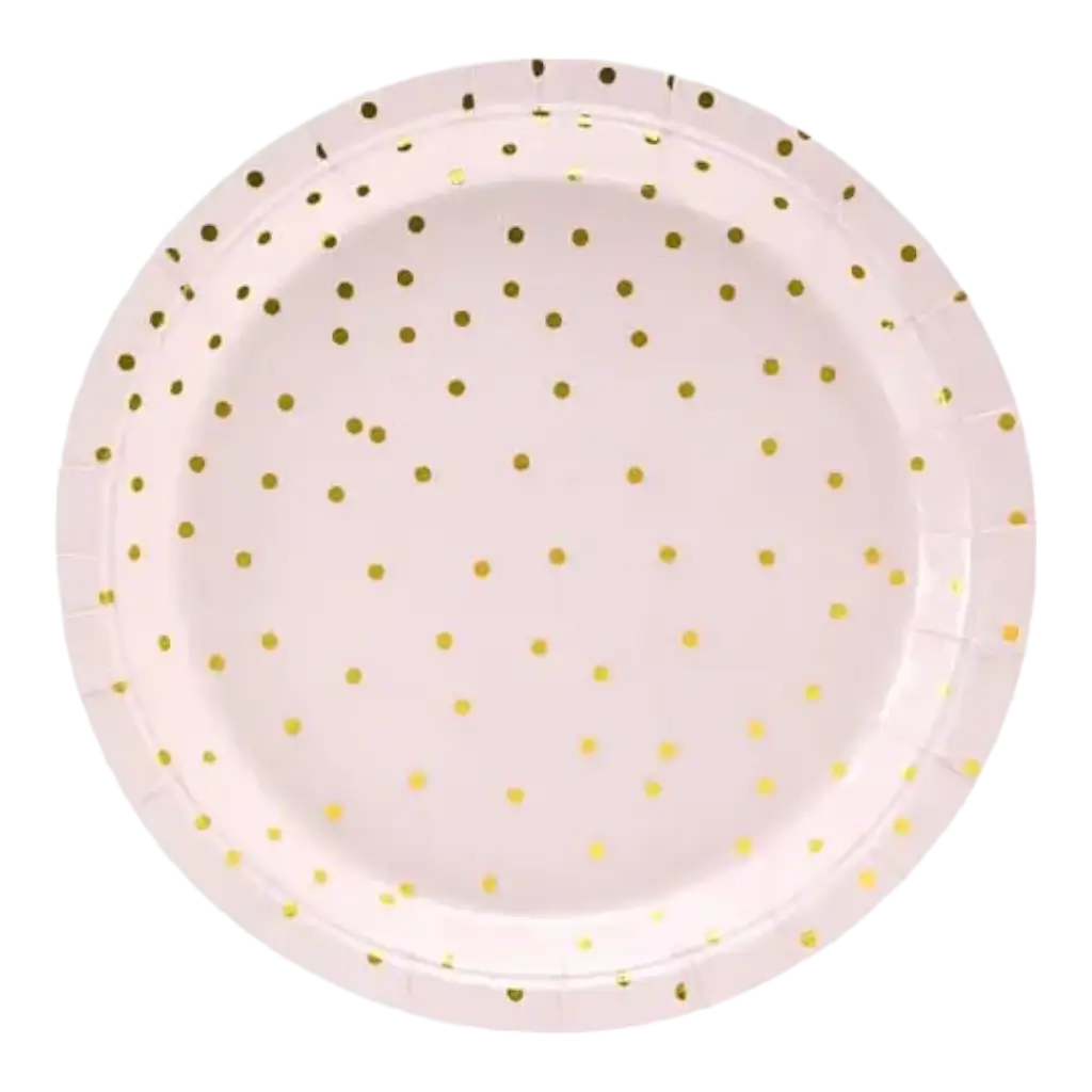 Assiette en papier ronde rose clair à pois Or (Lot de 6) 