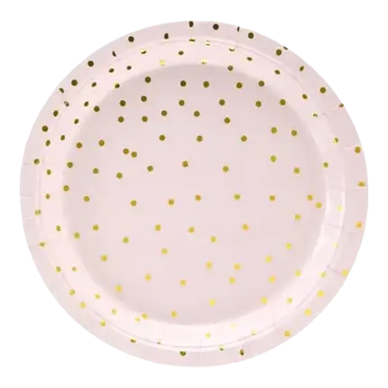 Assiette en papier ronde rose clair à pois Or (Lot de 6) 