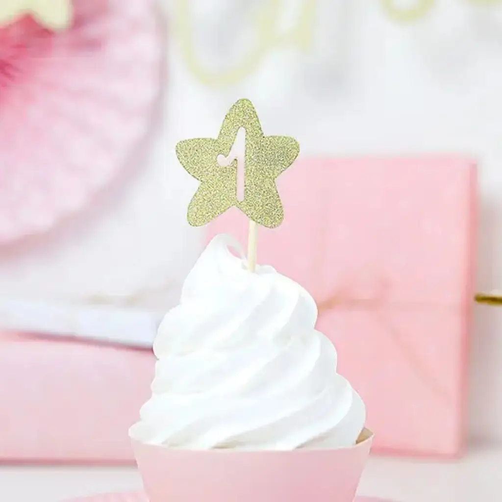 Décoration pour Cupcake 1st Birthday or pailleté (Lot de 6)