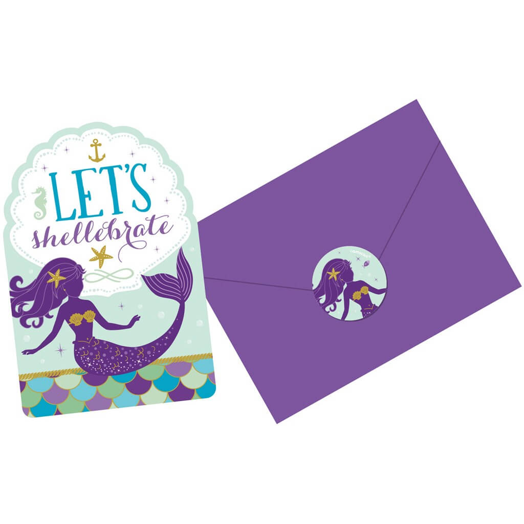 Invitation + Enveloppe Sirène Let's Shellebrate (Lot de 8)