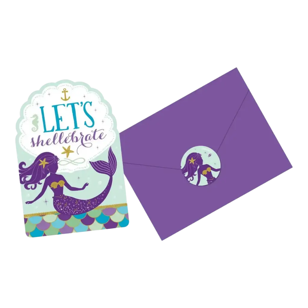 Invitation + Enveloppe Sirène Let&#39;s Shellebrate (Lot de 8)