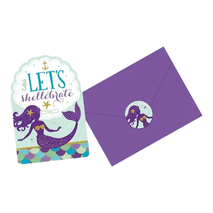 Invitation + Enveloppe Sirène Let's Shellebrate (Lot de 8)