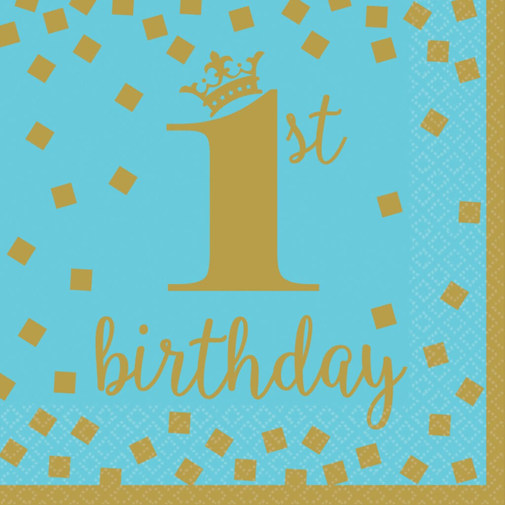 Serviette 1st Birthday bleu et or (Lot de 16)