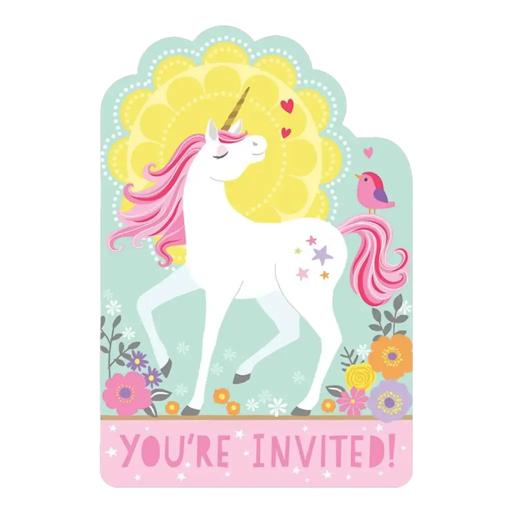 Invitation + Enveloppe Licorne Magique (Lot de 8)