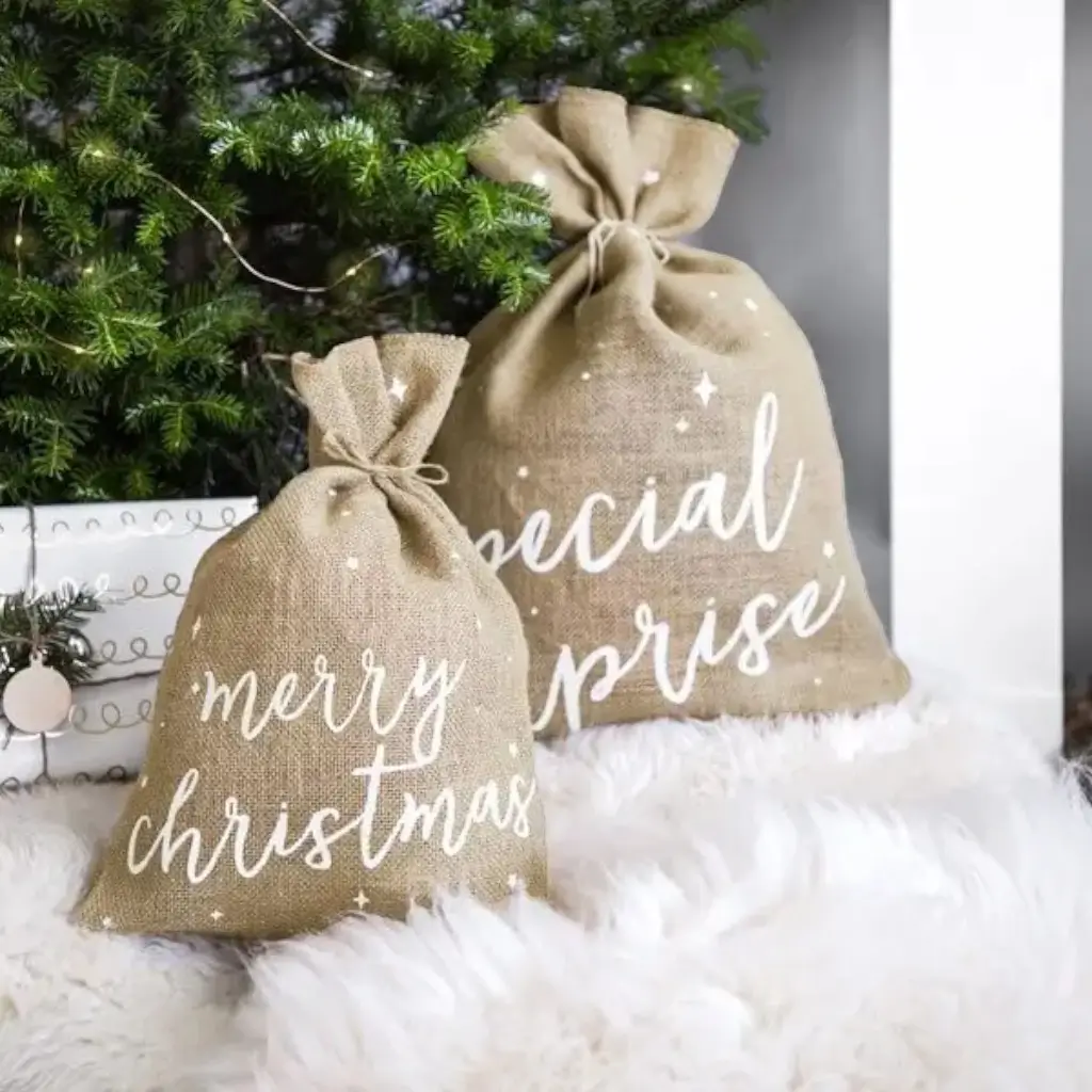 Sac en toile de jute naturelle Merry Christmas 