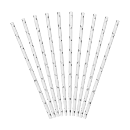 Paille en papier blanche étoile argent (lot de 10)