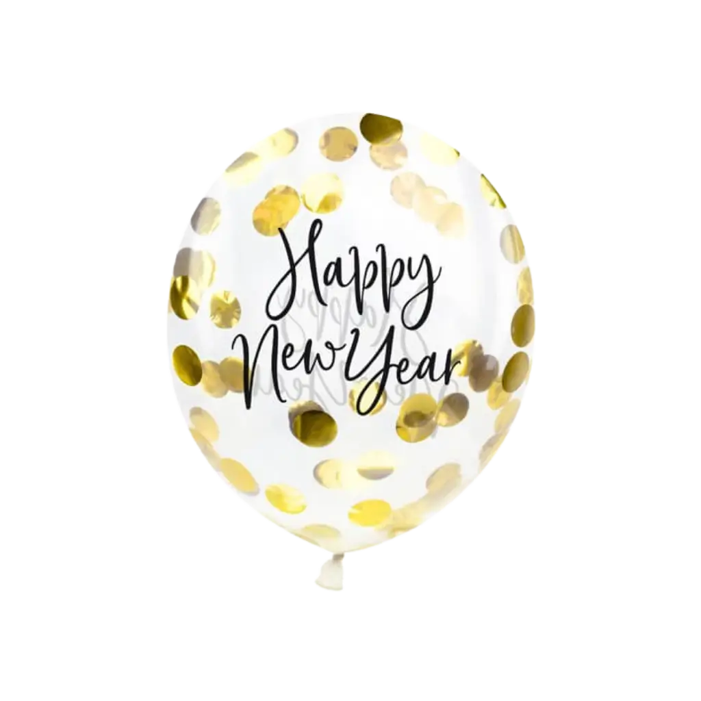 Ballon transparent confettis Or Happy New Year (3 pièces)