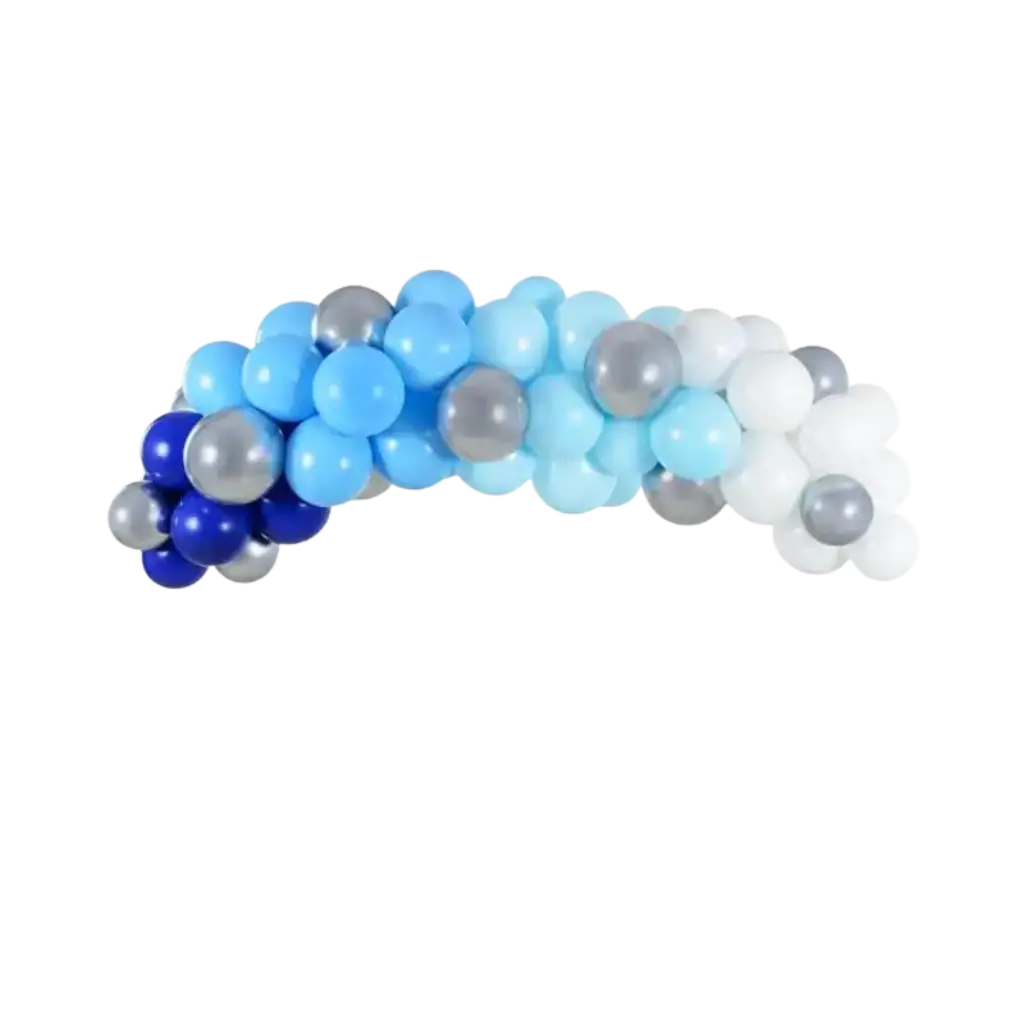 Mezzo arco di palloncini in blu, bianco e argento