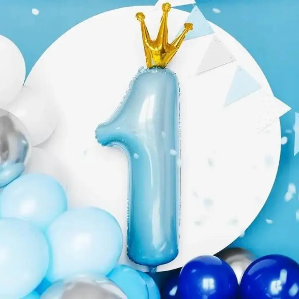 Ballon Bleu Clair Chiffre 1 avec Couronne 