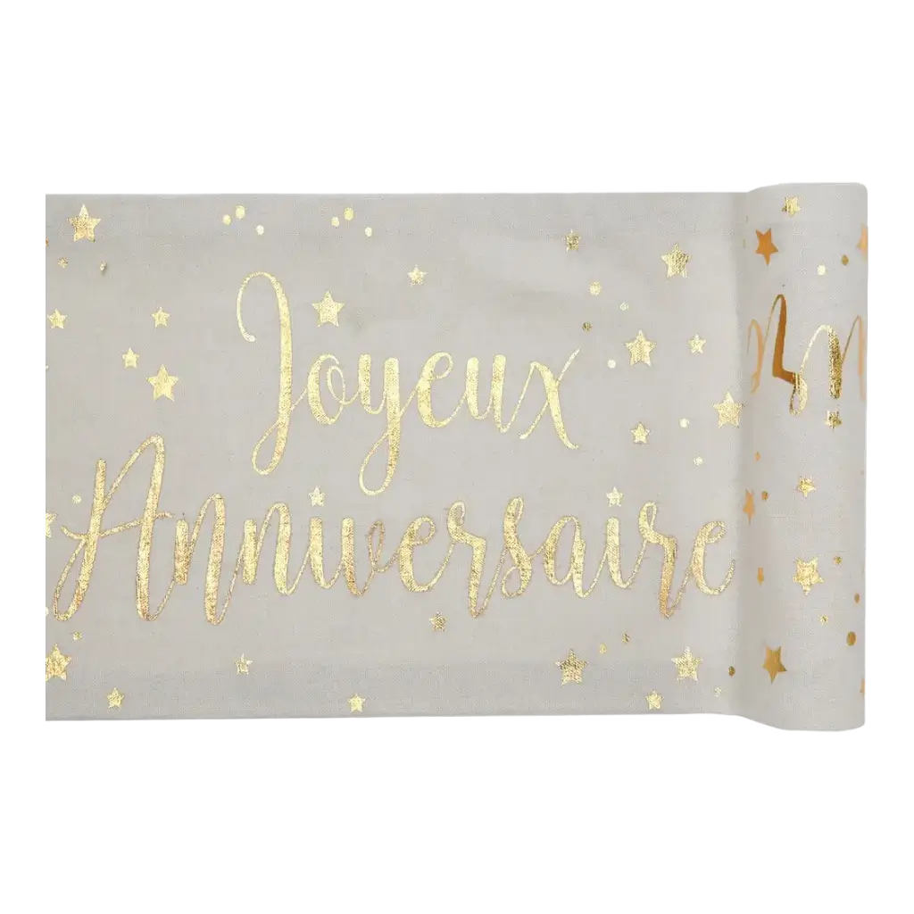 Chemin de table Joyeux Anniversaire Blanc/Or 3 mètres 