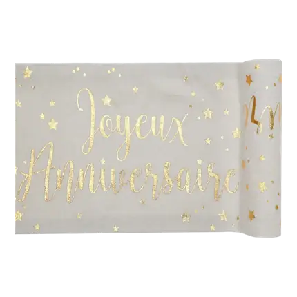 Chemin de table Joyeux Anniversaire Blanc/Or 3 mètres