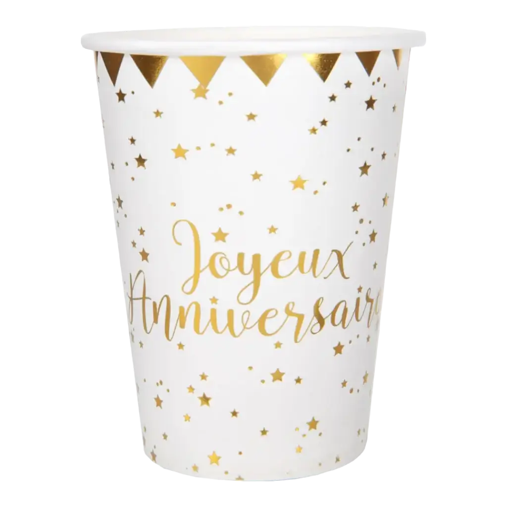 Gobelet Joyeux Anniversaire Or/Blanc (lot de 10)