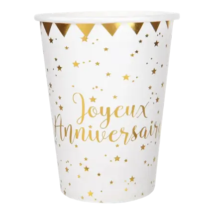 Gobelet Joyeux Anniversaire Or/Blanc (lot de 10)