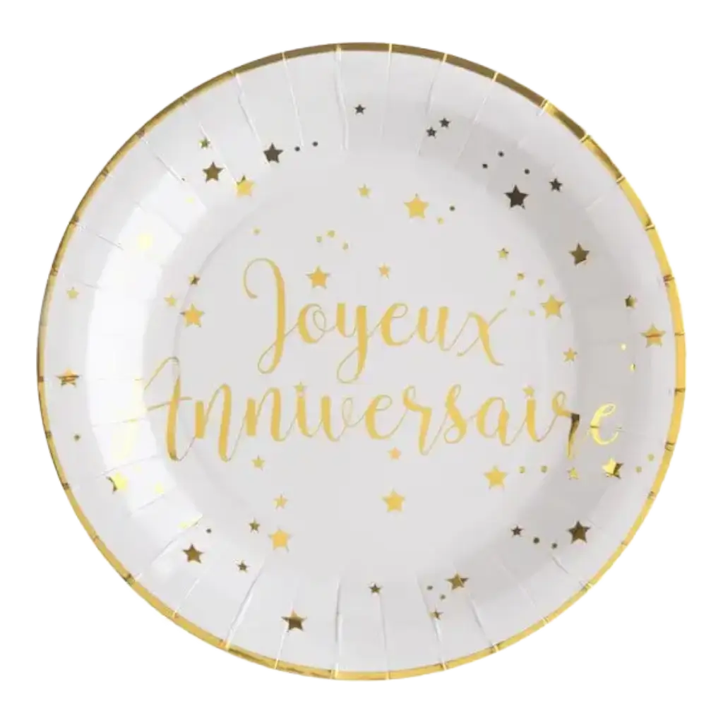 Assiette Joyeux Anniversaire Or/Blanc (lot de 10)