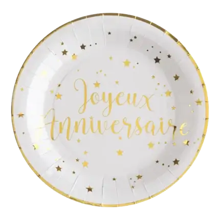 Assiette Joyeux Anniversaire Or/Blanc (lot de 10)