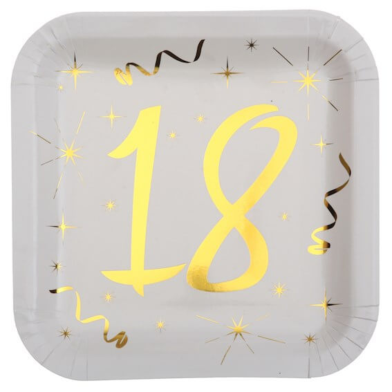 Assiette carré Blanc/Or 18 ans (Lot de 10)