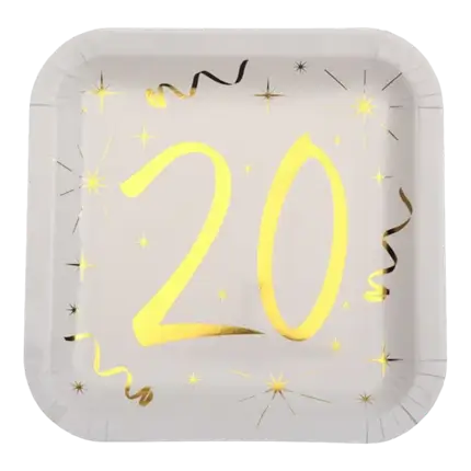 Assiette carré Blanc/Or 20 ans (Lot de 10)