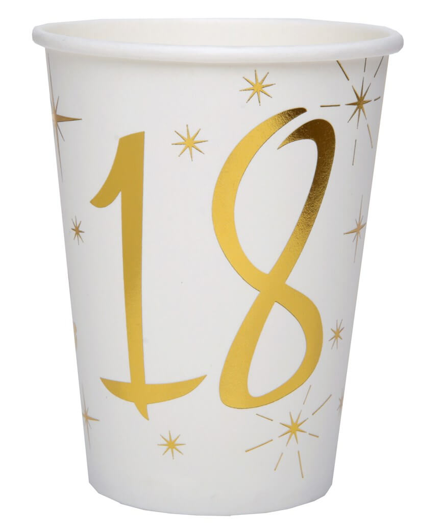 Gobelet en papier Blanc/Or 18 ans (Lot de 10)