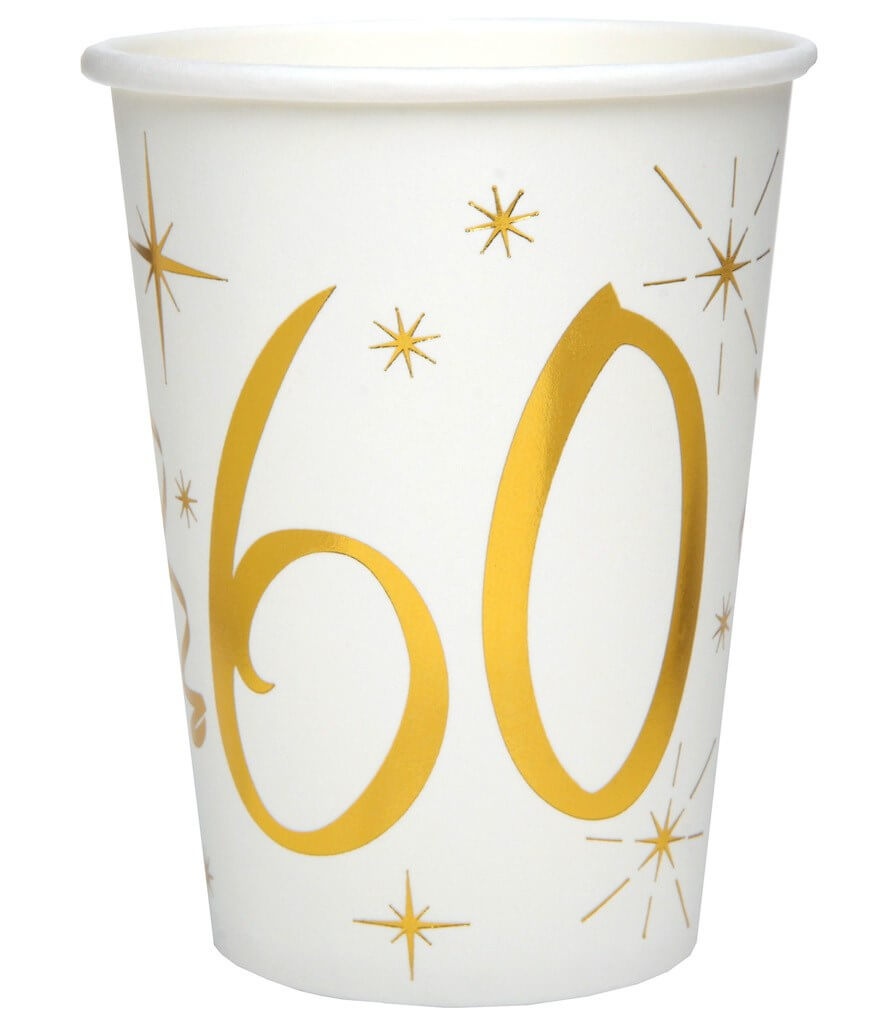 Gobelet en papier Blanc/Or 60 ans (Lot de 10)