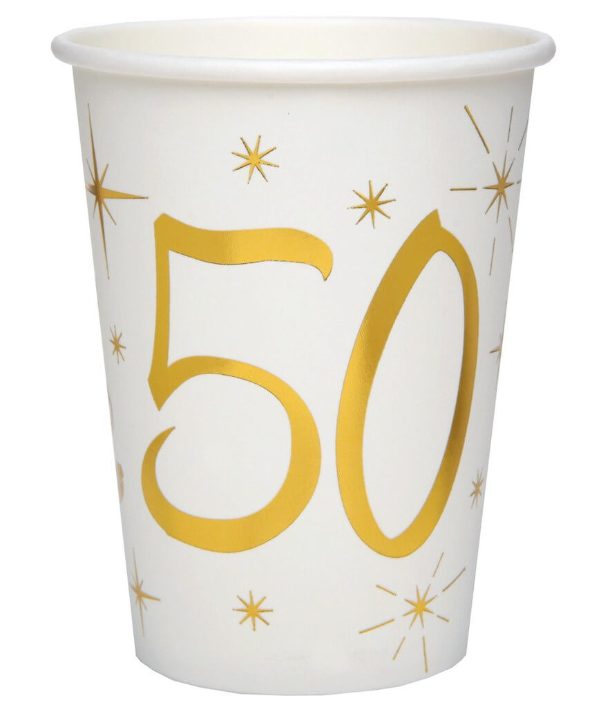 Gobelet en papier Blanc/Or 50 ans (Lot de 10)