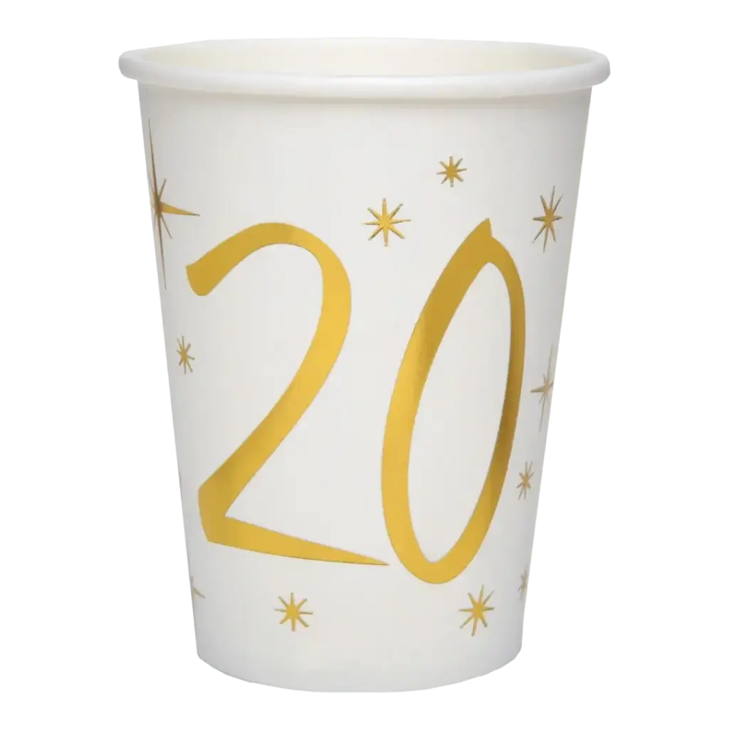 Gobelet en papier Blanc/Or 20 ans (Lot de 10)