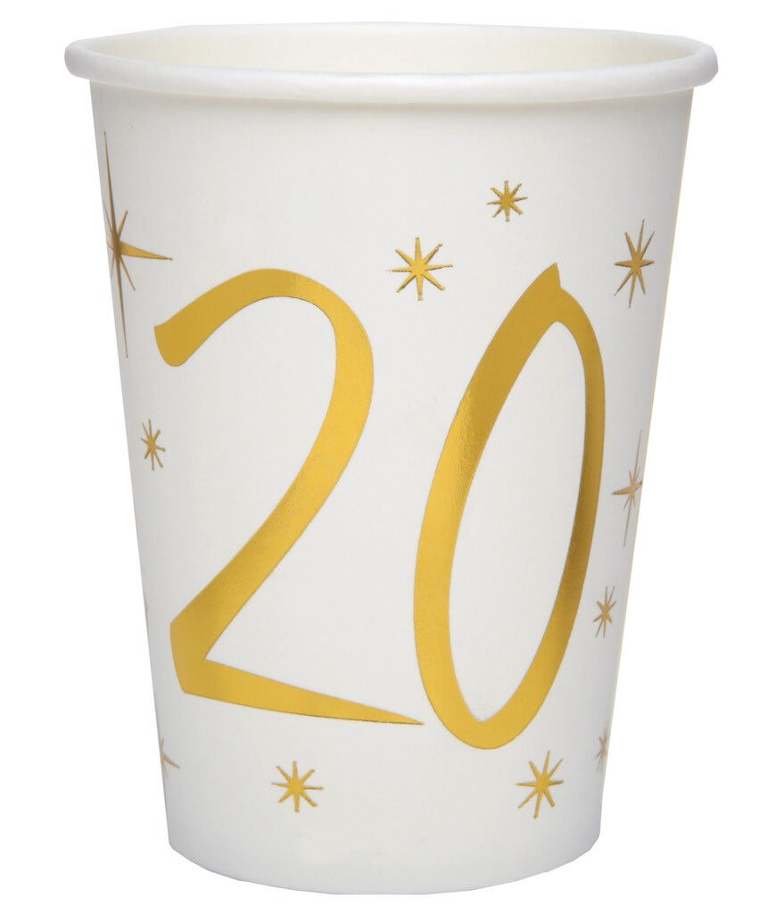 Gobelet en papier Blanc/Or 20 ans (Lot de 10)