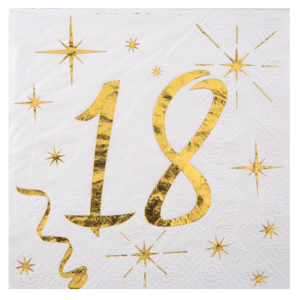 Serviette en Papier Blanc/Or 18 ans (Lot de 20)