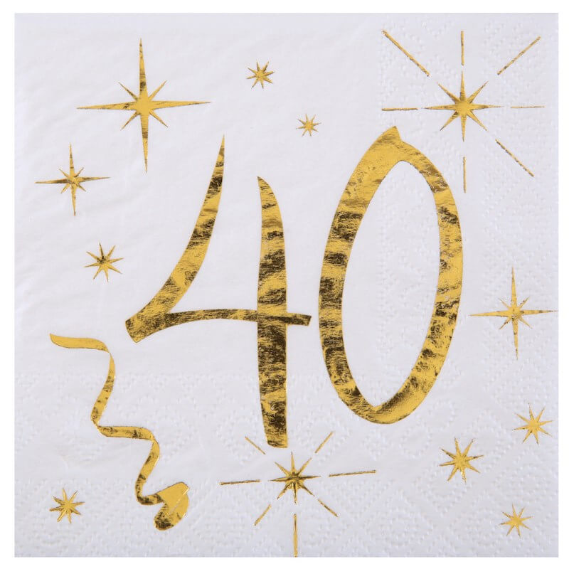 Serviettes en papier 40 ans, déco de table anniversaire blanc & or