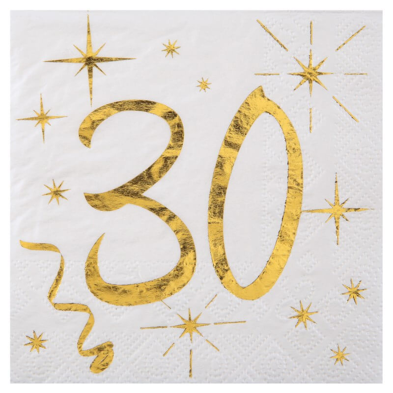 Serviette en Papier Blanc/Or 30 ans (Lot de 20)
