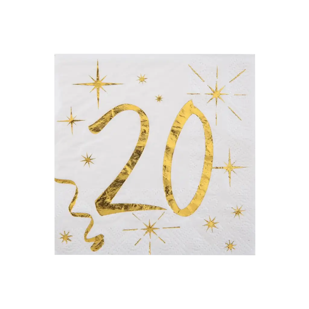 Serviette en Papier Blanc/Or 20 ans (Lot de 20)